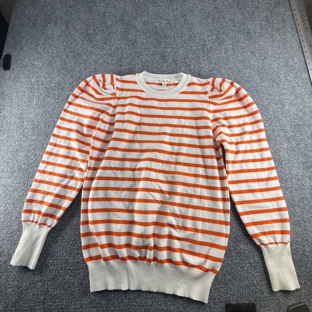 Vine & Love Womens Orange White Striped Puff Shoulder Crew Neck Sweater Large